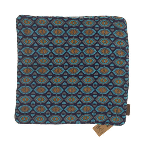 Unique silk pillowcase 50x50 cm in turquoise blue with colorful pattern of repeating red flower rosettes, boho ethnic oriental style.