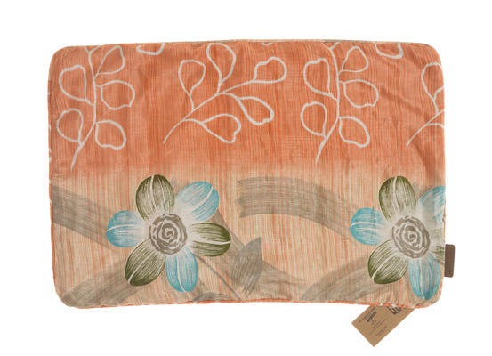 Einzigartiger Seidenkissenbezug 60x40 cm in warmem Orange mit weißen floralen Linien und farbenfrohem ethnischem Muster in Türkis und Grün als Sari-Kissenbezug