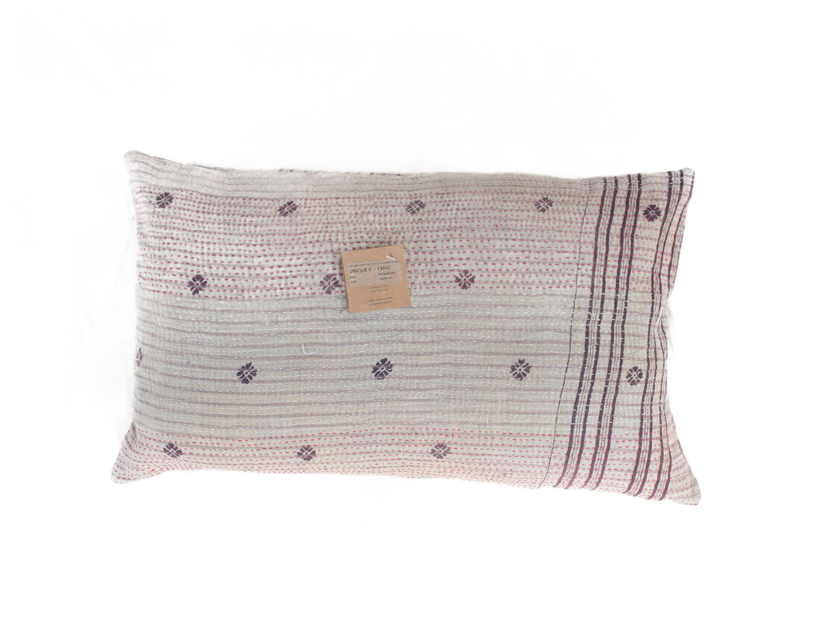 Sari pillowcase 30x50 in white and gray with boho/bohemian stripes and small flower patterns in dark brown shades, unique Indian vintage sari pillow design