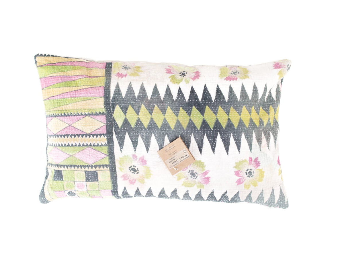 Sari pillowcase 30x50 cm with colorful bohemian patterns in black, white, green, yellow and pink - unique Indian sari pillow with zigzag and flowers/diamonds (upcycled)