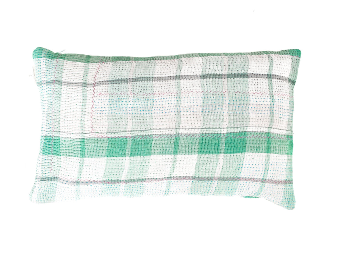 Sari pillowcase 30x50 with colorful bohemian stripes in turquoise, blue and beige - unique Indian/Persian vintage sari pillow in upcycled textile look with small red dots
