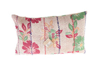 Sari pillowcase 30x50 cm in vintage boho style with colorful flowers in red, green and blue on a beige base (unique sari pillow)