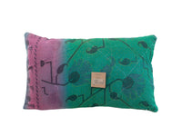 Sari pillowcase 30x50 in emerald green with dark blue oriental pattern and herringbone/inspired details - unique Indian pillow, boho and vintage style