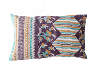 Sari pillowcase 60x40 in dark blue and coral colors with colorful check patterns and floral motifs - unique vintage oriental boho/sari pillow in upcycled Indian textile
