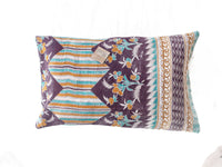 Sari pillowcase 60x40 with colorful oriental patterns in coral pink and dark blue, geometric squares and floral ornaments - unique Indian pillowcase for boho pillows