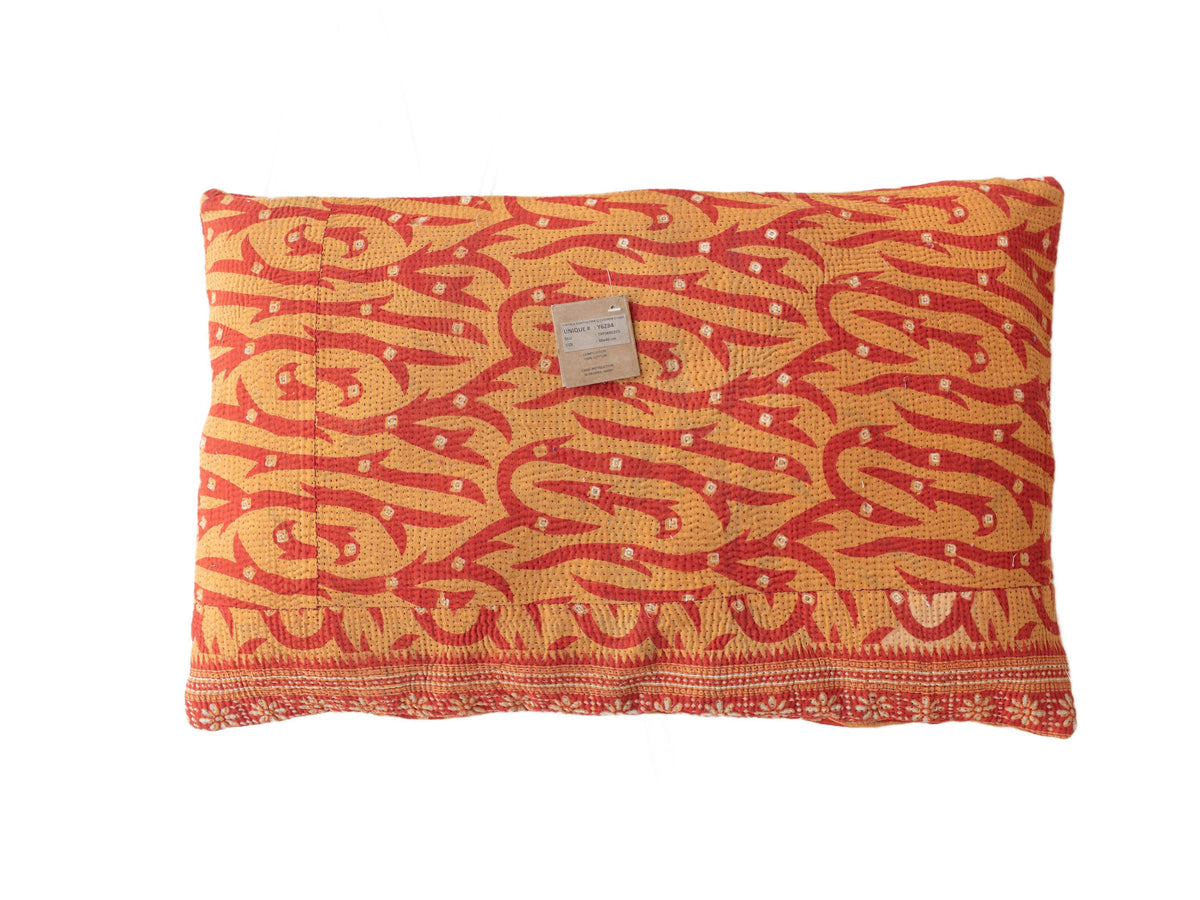 Sari pillowcase 60x40 in vintage bohemian style with colorful orange/peach shades, small patterns and green/yellow details (unique Indian sari pillow)