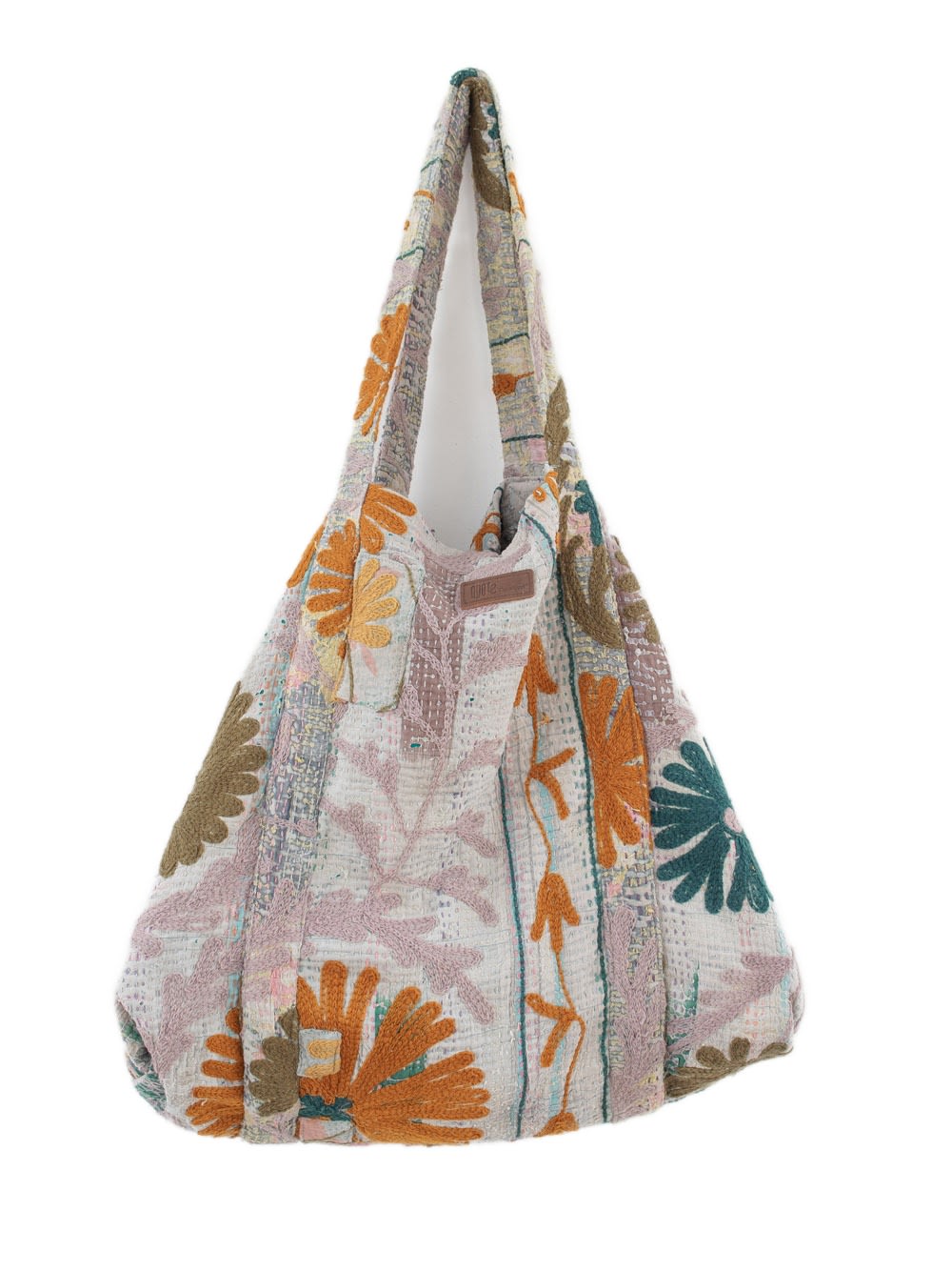 Boho-skuldertaske med blomsterprint i pastelrosa med broderede detaljer i orange, blågrøn og olivengrøn