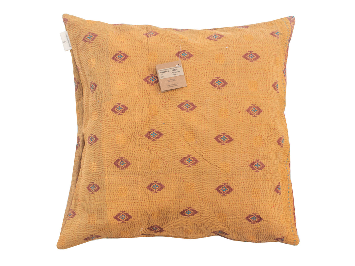 Sari pillowcase 50x50 in warm mustard yellow with oriental boho bohemian diamond patterns in purple and turquoise - unique colorful Indian pillows made of upcycled sari fabric (sari pillow)
