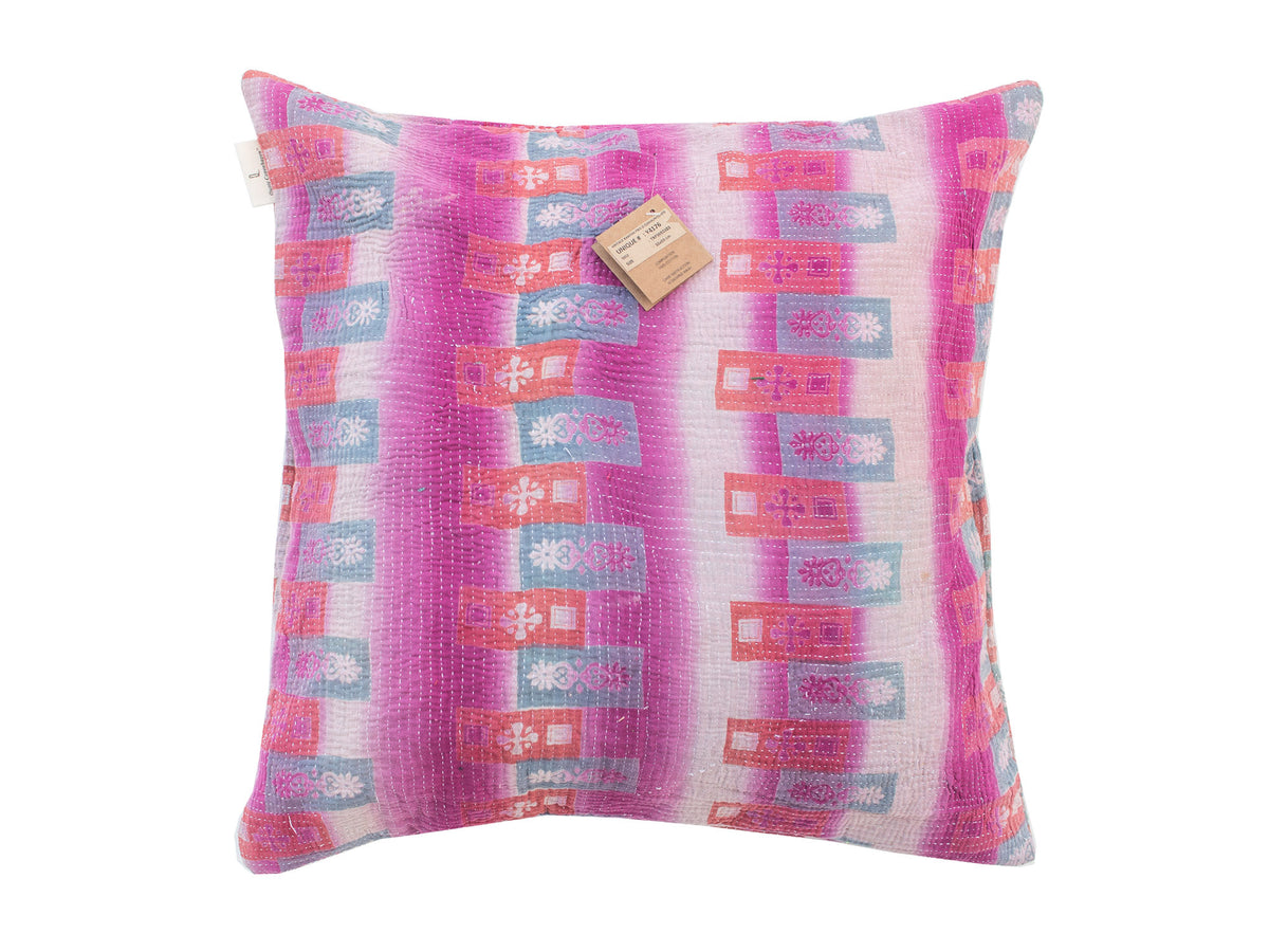 Sari pillowcase 50x50 in pink, purple, coral and gray with patchwork checks and decorative ornaments - colorful Indian/vintage sari pillows in boho and bohemian style (unique pillow)