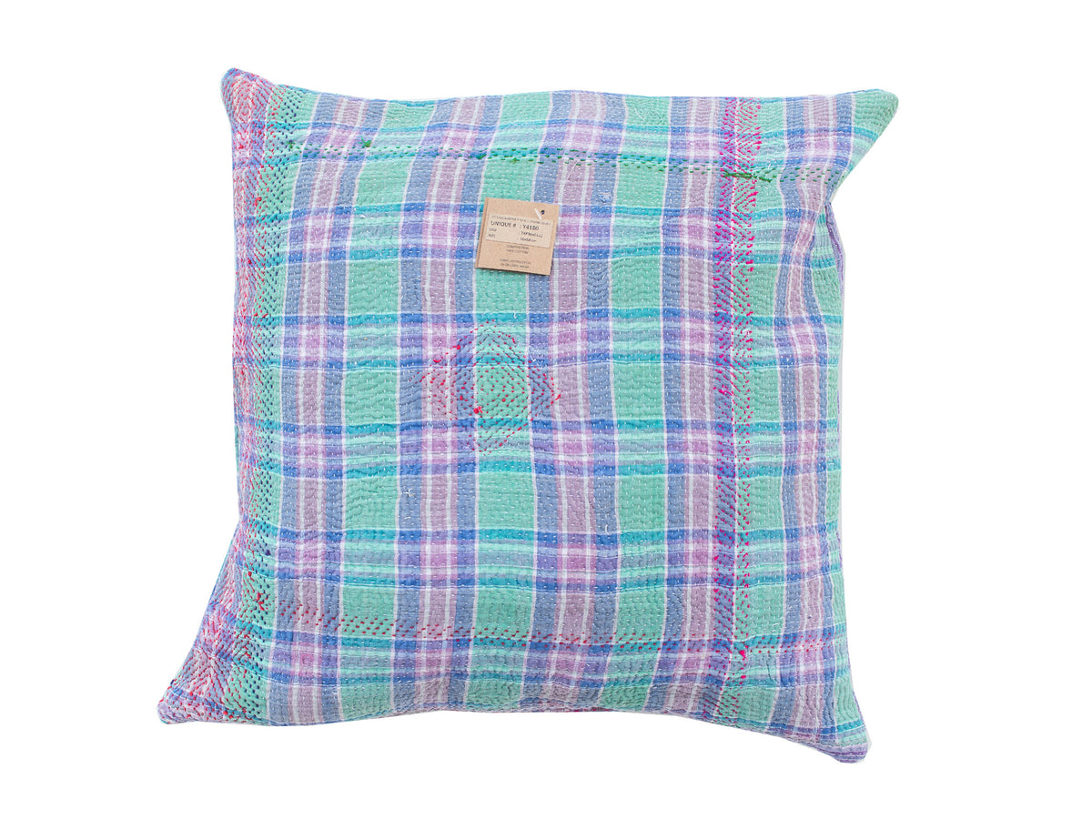 Sari pillowcase 50x50 with colorful boho bohemian checks in turquoise, mint, purple and pink—unique Indian vintage sari pillow in upcycled style with ethnic pattern