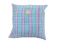 Sari pillowcase 50x50 with colorful boho bohemian checks in turquoise, mint, purple and pink—unique Indian vintage sari pillow in upcycled style with ethnic pattern