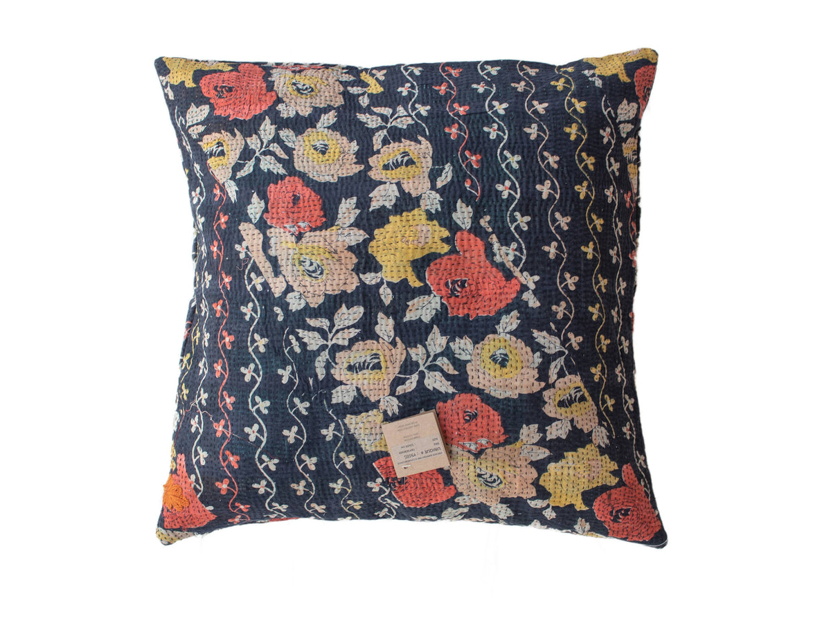 Sari pillowcase 50x50 with dark blue base and colorful vintage floral and oriental patterns in orange, yellow and beige - unique Indian Indian pillowcase for boho bohemian pillows