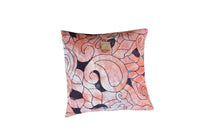 50x50 sari pillowcase in vintage boho style with peach/pink tones and black oriental floral and sling patterns (sari pillow)