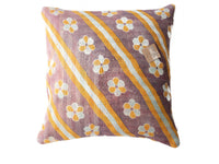 Sari pillowcase 50x50 with purple base and colorful flowers/appliqués, boho Indian vintage style with yellow and white stripes and unique ethnic patterns