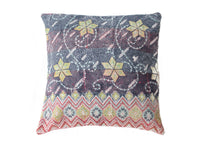 50x50 sari pillowcase in dark blue/black with colorful diamond, zigzag and floral patterns in green, yellow, red and white - Indian vintage boho sari pillow/unique pillow