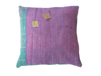 Sari pillowcase 50x50 in vintage purple and pink with pattern, Indian ethnic sari pillows in boho style with turquoise border and colorful details (unique pillow)