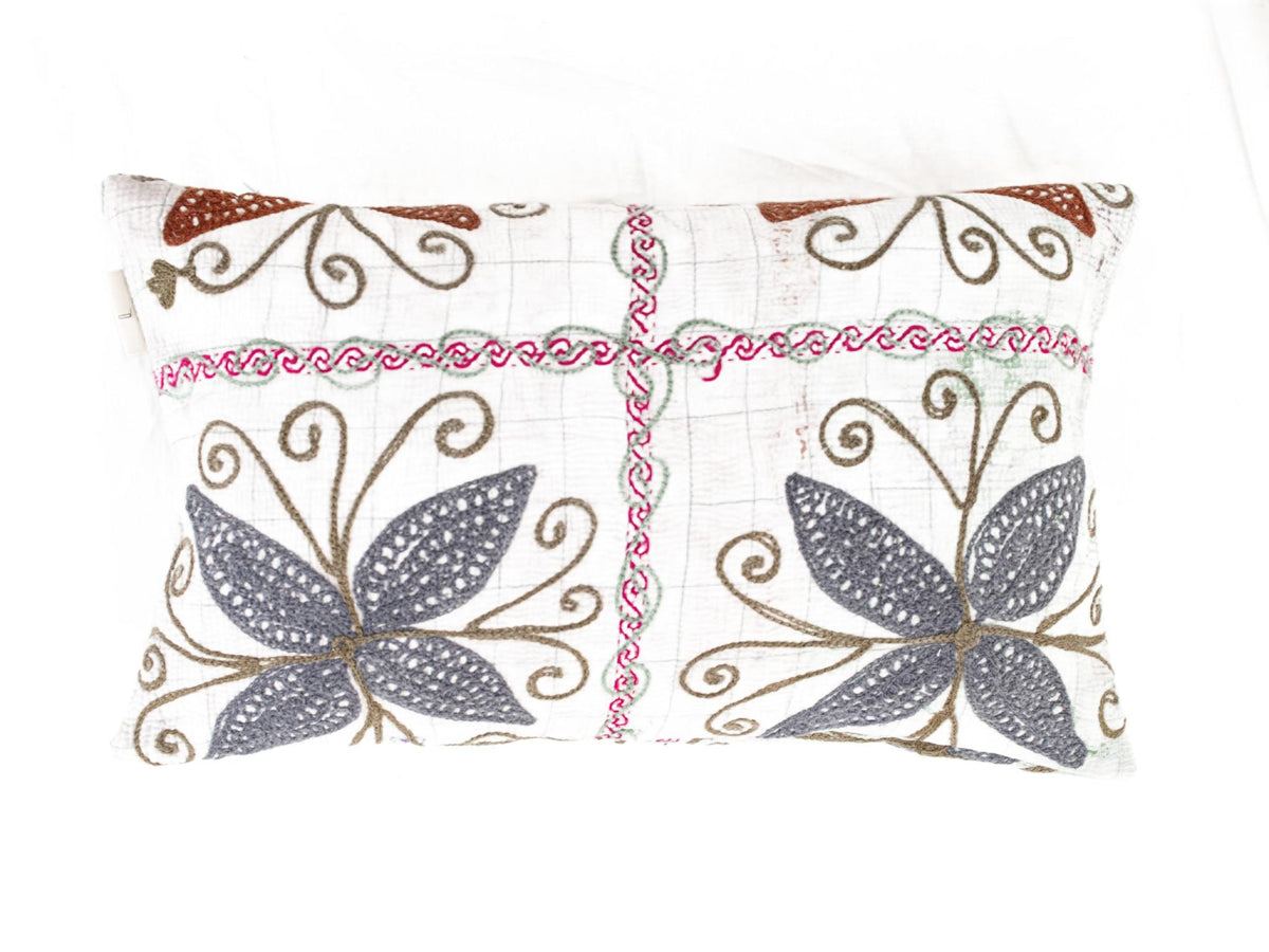 Unique suzani pillowcase 30x50 cm with white base dark blue grey leaves brown swirls and pink border boho vintage oriental ethnic sari pillow