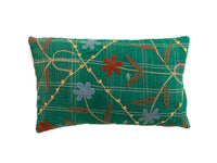 Green suzani pillowcase 30x50 cm with checkered white pattern and embroidered flowers in beige blue and rust oriental boho ethnic style.