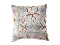 Suzani pillowcase 50x50 cm with white base and embroidered flowers in blue pink green and olive colorful ethnic vintage bohemian expression