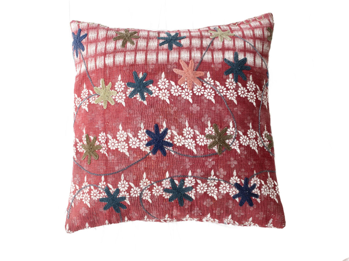 Suzani pillowcase 50x50 cm in red and dusty pink with white flowers, dark blue and olive embroidered stars in boho vintage ethnic style.