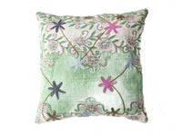 Unique sari cushion suzani cushion cover in 50x50 cm with light green fabric and white patterned ribbon with colorful flowers and winding lines in bohemian oriental style
